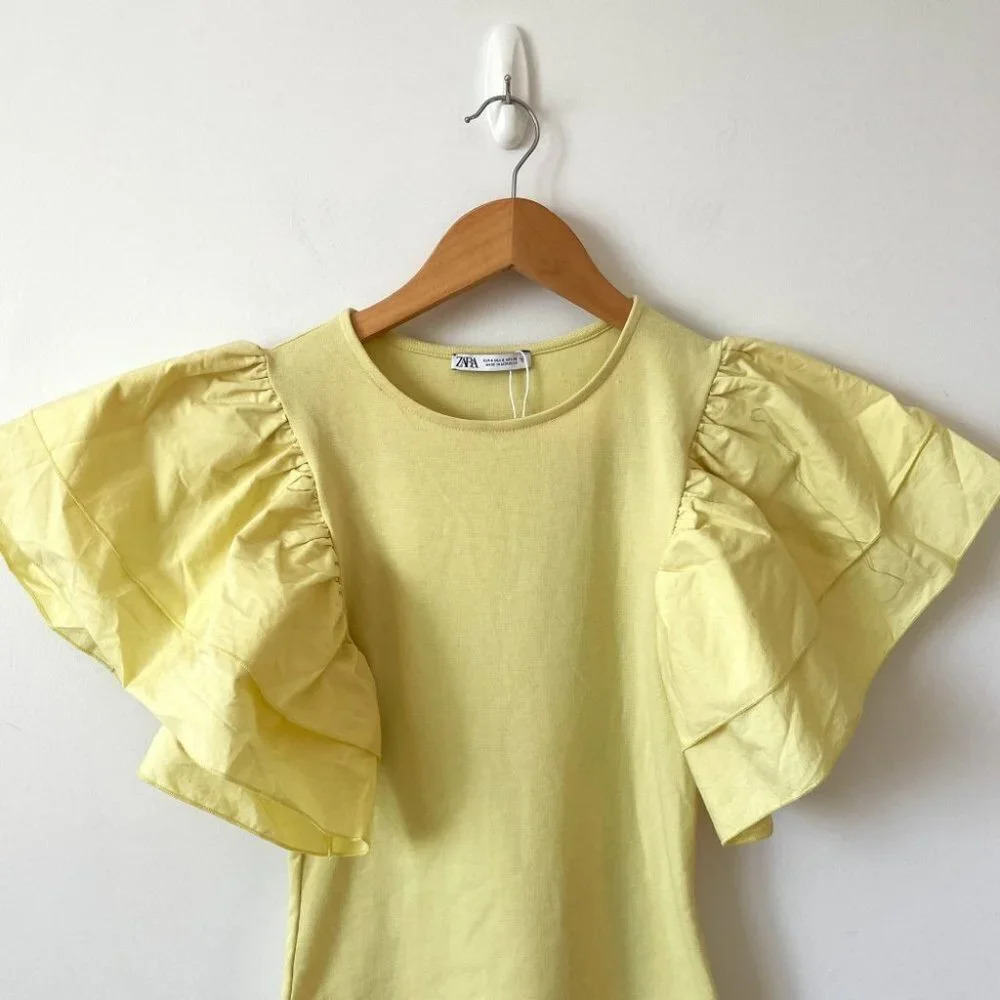 Zara Puff Voluminous Ruffle Poplin Sleeve Bodycon Mini Dress Pastel Yellow Small - Picture 3 of 8